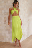 Halter Bow Sleeveless Top Pleated Irregular Hem Midi Skirt Vacation Matching Set