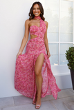 Ditsy Floral Print Cutout Neck Wrap High Slit Flowy Maxi Dresses-Pink