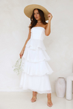 Strapless A-Line Layered Ruffled Hem Maxi Dresses-White