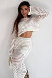 Hollow Out Long Sleeve Crop Top Maxi Skirt Plain Matching Set-Beige