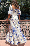 Square Neck Puff Sleeve Quilted Hem Boho Print Vacation Maxi Dresses-Blue