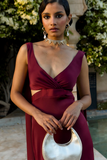 Deep V Neck Streamer Backless Gowns Maxi Tank Dresses-Burgundy