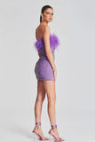 Sequin Strapless Feather Trim Bodycon Mini Party Dresses