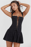 Lace-Up Corset Sleeveless Pleated Jacquard Mini Dress-Black