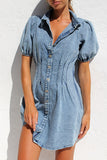 Turndown Collar Puff Sleeve Cinch Waist Button Up Denim Mini Dresses-Blue