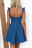 Ruffled Straps A-Line Denim Mini Dresses-Blue