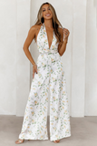 Floral Print Deep V Neck Halter Wide Leg Backless Jumpsuit-White