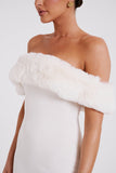 Fuzzy Patchwork Off Shoulder Knit Slim Fit Sweater Midi Dresses-White