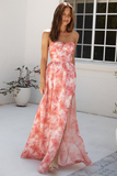 Floral Print Strapless High Slit Flowy Hem Maxi Dresses-Red