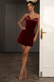 Rhinestone Irregular Strapless A-Line Velvet Mini Dresses-Black