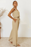 Solid Color Square Neck Crop Tank Top Wide Leg Pants Matching Set-Khaki