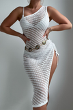 Textured Knit One Shoulder Sleeveless High Slit Swimwear Cover Ups Midi Dresses-White