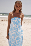 Floral Print Boat Neck Loose Fit Vacation Maxi Tube Dresses-Blue