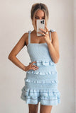 Square Neck Ribbon Sleeveless Ruched Ruffle Mini Dresses-Blue