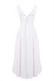 Deep V Neck Cinch Waist Solid Color Midi Tank Dresses-White