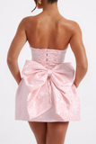 Jacquard Boat Neck A-Line Puffy Hem Back Bow Cocktail Party Mini Dresses-Pink