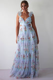 Frill Straps Cutout Tie Up Floral Print Tulle Maxi Dresses-Blue Pre Order