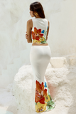 Floral Print Crop Tank Top Slim Fit Maxi Skirt Matching Set-White