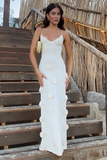 3D Flower Decor Knit Slim Fit Backless Spaghetti Strap Maxi Dresses-White