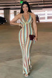 Halter V Neck Backless Boho Pattern Knit Slim-Fit Vacation Maxi Dresses-Beige