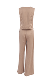 Striped V Neck Button Up Waistcoat Wide Leg Pants Matching Set-Brown