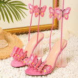 3D Embroidery Butterfly Lace Up Peep Toe Crystal Chunky Heels