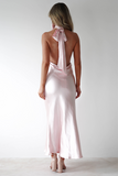 Halter Neck Slim Fit Fishtail Hem Backless Maxi Dresses-Pink