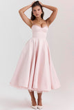 Elegant Cinch Waist Party Bridesmaid Tulle Layered Midi Slip Dresses-Pink