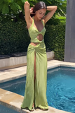 Halter Cutout Twisted Knot High Slit Sleeveless Maxi Dresses-Green