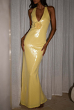 3D Flower Decor Deep V Neck Backless Sequin Gowns Maxi Tank Dresses-Yellow