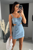 Denim Distressed Waist Cutout Slim Fit Slip Mini Dresses-Blue