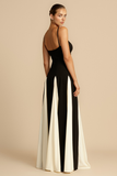 Colorblock Patchwork A-Line Flowy Slip Maxi Dresses-Black