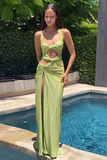 Halter Cutout Twisted Knot High Slit Sleeveless Maxi Dresses-Green