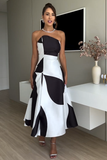 Colorblock Strapless A-Line Cocktail Party Midi Dresses-Black