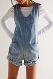 Deep V Neck Wide Straps Pockets Loose Fit Denim Casual Playsuit Romper-Blue