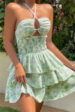 Ditsy Floral Print Cutout Sleeveless Halter Cinch Waist Tiered Ruffled Mini Dresses-Green