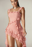 Square Neck Tiered Ruffle Sash Party Asymmetric Mini Dresses-Pink