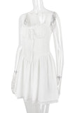 A-line White Boat Neck Tied Up Cami Backless Lace Up Pleated Embroidery Hem Mini Dresses