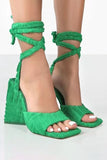 Tied Strap Velvet Open Toe Block High Heels Sandals