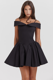 Cold Shoulder Corset A-Line Pleated Hem Cocktail Party Slip Mini Dresses-Black