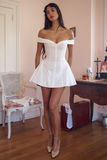 Off Shoulder Cinch Waist Jacquard Mini Dresses-White