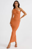 One Shoulder Hollow Out Knit Sleeveless Slim-Fit Maxi Dresses-Orange