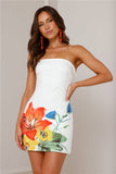 Boat Neck Strapless Slim Fit Floral Print Mini Dresses-White