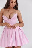 Pleated Corset Strapless Sweetheart Neck Party Mini Dresses-Pink