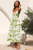 Doodle Print Sweetheart Neckline Ruched Strapless A-Line Vacation Midi Dresses-Green