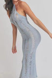 Halter Backless Scratch Knit See-Through Slim-Fit Midi Dresses-Blue