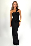 One Shoulder Strap Twisted Ruched Bodycon Gowns Maxi Dresses-Black