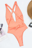 Deep V Neck Crossover Backless Tie Up One-Piece Swimsuit-Orange