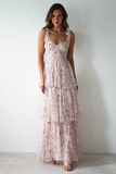 Tie Up Straps Cinch Waist Floral Print Tiered Maxi Dresses-Pink