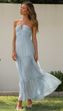 Halter Sleeveless Backless Tiered Pleated Flowy Vacation Maxi Dress